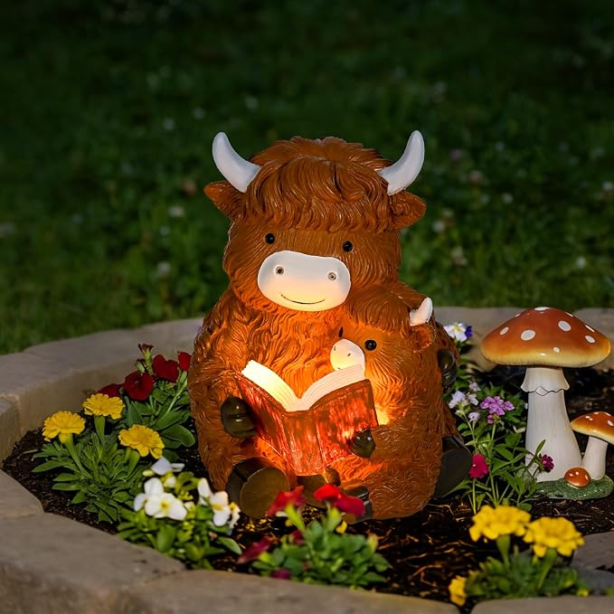 GIGALUMI Solar Highland Cow Decor 8" Garden Statue, Outdoor Decor, Decoration with Light for Patio Yard Lawn Balcony, Christmas/Birthday Gifts for Mom Women