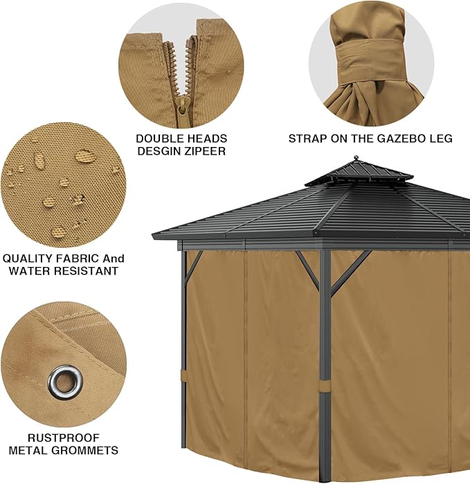 10'x12' Privacy Gazebo Curtains Outdoor Waterproof, 4-Panels Sidewall Curtains Universal Replacement with Zipper for Patio, Backyard, Garden (Only Curtains, Khaki)