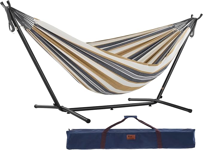 Vivere Double Cotton Hammock with Space Saving Steel Stand, Upgraded Polyester End Strings 450 lb Capacity - Premium Carry Bag Included (Desert Moon)