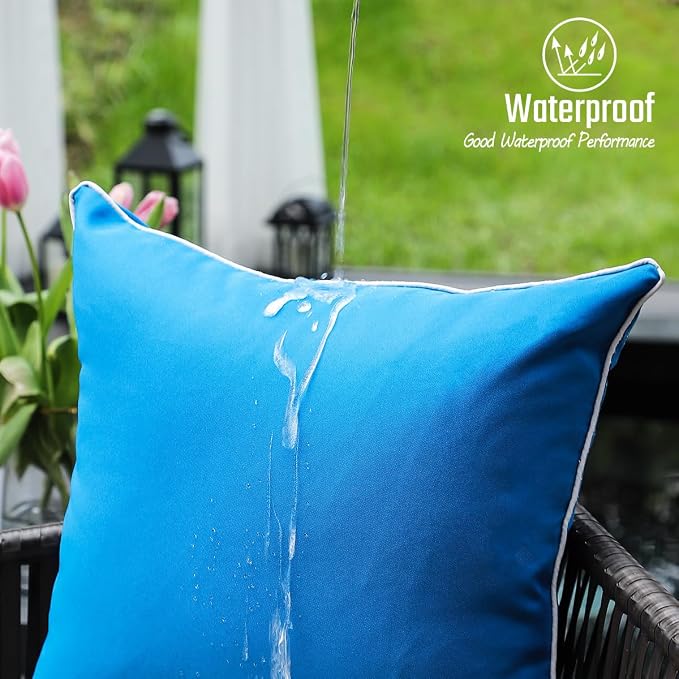 JOJOGOGO Royal Blue Outdoor Lumbar Pillow Covers 12x20 Waterproof Set of 2, Lake Blue Spring Summer Sunproof Outdoor Lumbar Pillows 12 x 20 for Patio Furniture Garden Bench (with White Piping)