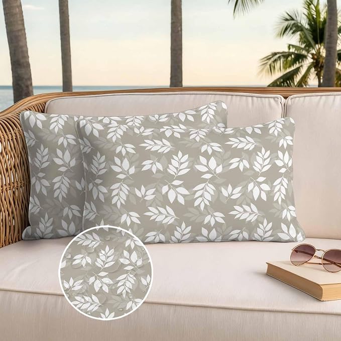 Brown Leaves Waterproof Outdoor Pillow Covers Set of 2 Home Decor, Country Pastoral Nature Plants Aesthetic Pillowcase Patio Pillow Covers for Couch Bench Furniture Garden 20x12in