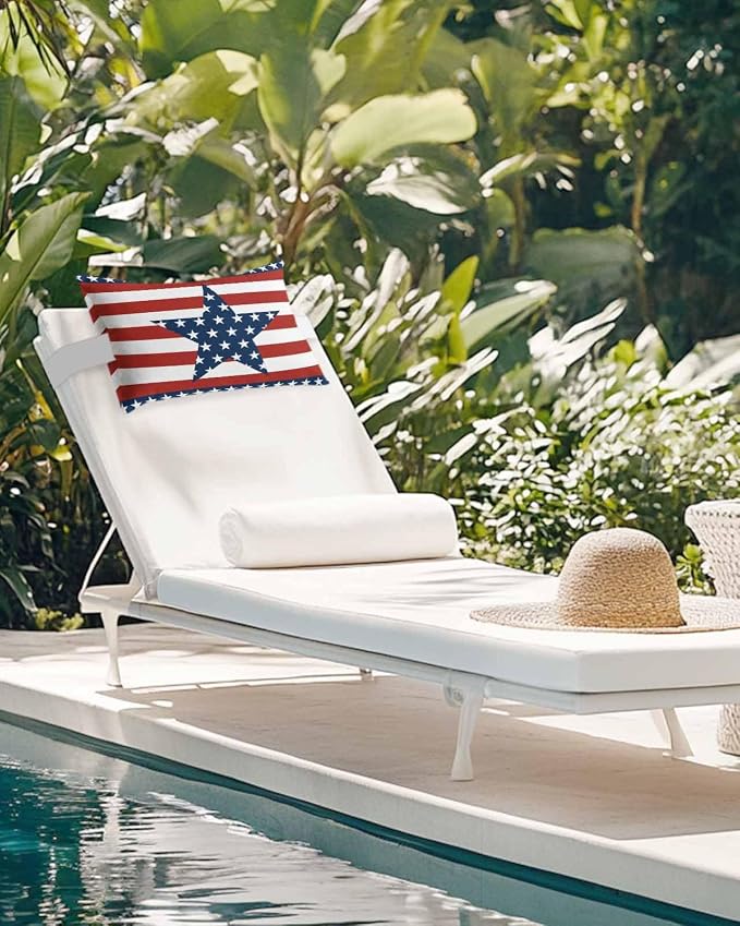 Recliner Head Pillow Independence Day Chic White Star on Blue Outdoor Throw Pillow with Insert,Waterproof Recliner Pillows Chaise Lounge Lumbar Cushion for Beach Red White Stripes Patio Pillow 2 Pack