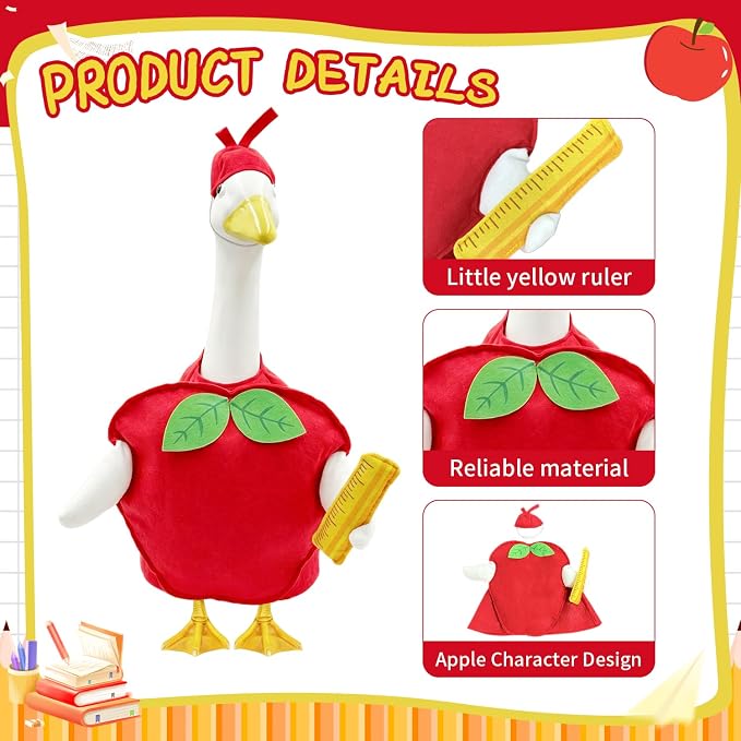 Back to School Porch Goose Outfits for 23 Inch Lawn Goose Statue,Cute Red Apple Goose Statue Costume, Porch Goose Clothes for School Classroom Outdoor Garden Yard Patio Statue Decor