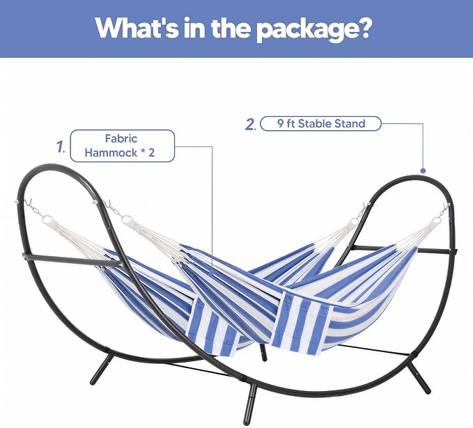 SUNCREAT Hammocks for Outside with Stand, Porch Hammock and Stand, 475 lbs Capacity, Patent Pending, Blue & White