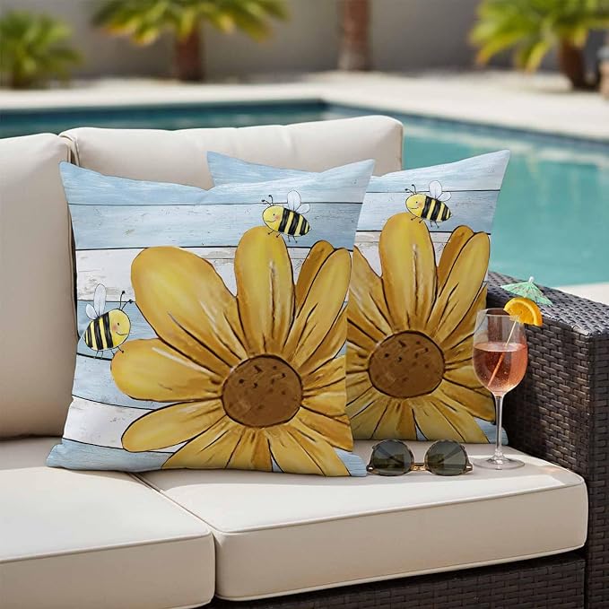 Daisy Flower Honeybees Outdoor Pillow Covers Set of 2 Yellow Farmhouse Floral Blue Wood Grain Waterproof Throw Pillow Cover Decorative Cushion Cases for Patio Porch Garden 18X18 Inch