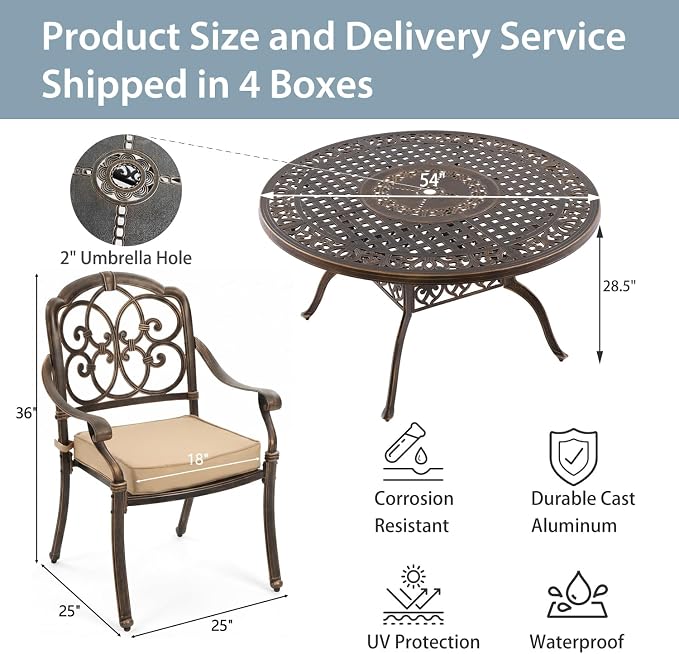 7-Pcs Cast Aluminum Patio Dining Set for 6, 54" Round Table,Bronze | Outdoor Furniture Set Include Dining Table and 6 Stackable Chairs with Cushions & Umbrella Hole