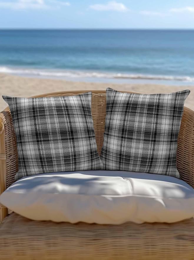 Waterproof Outdoor Pillow Set of 2 Gray Checked Plaid Decorative Throw Pillows Cover & Insert 18x18 Inch Pillowcase Stripes Woven Grid Square Pillows for Couch Sofa Bed Patio Furniture Indoor Outdoor