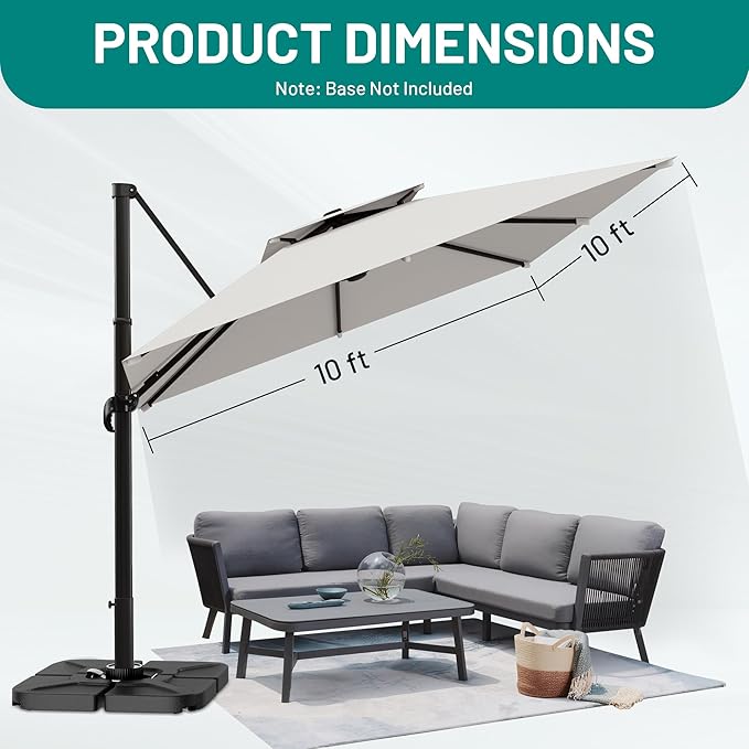 AreShark 10×10FT Double-Top Cantilever Patio Umbrella, Square Offset Umbrella with 360 Degree Rotation, Heavy Duty Patio Umbrella for Garden Deck Pool, 5 Tilt Angles, Light Grey