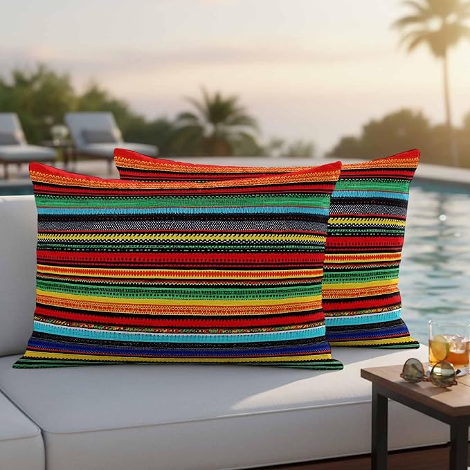 Colorful Stripes Outdoor Waterproof Throw Pillow Covers Set of 2, 20"x12", Mexican Aztec Abstract Ethnic Decorative Pillow Covers Outside Cushion Case for Patio Porch Garden