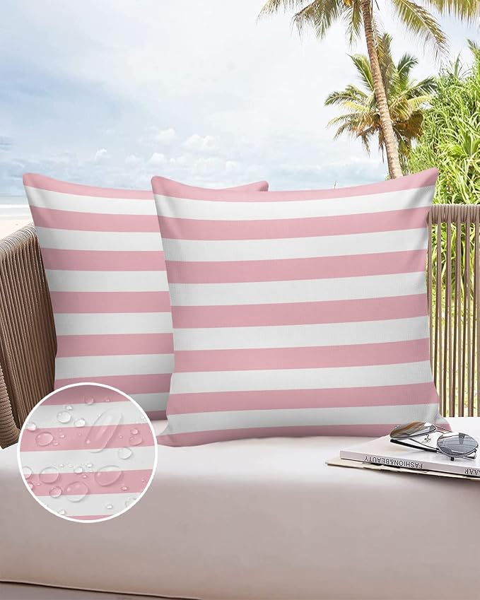 Outdoor Pillows 18x18 Waterproof Outdoor Pillow Covers Pink White Stripes Polyester Throw Pillow Covers Garden Cushion Decorative Case for Patio Couch Decoration Set of 2 Valentine's Day