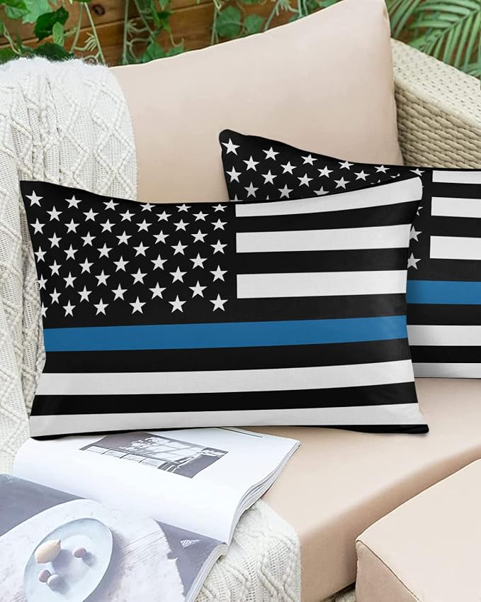 Outdoor Waterproof Pillow Covers Set of 2, Thin Blue Line Flag American Police Flag Honoring Law Enforcement Officers Patio Throw Pillow Covers, Decorative Cushion Case for Sofa Furniture, 20x12 Inch