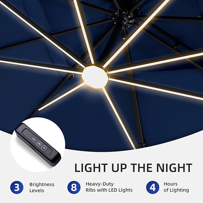 10 X 13 FT Cantilever Patio Umbrella with Led Lights Heavy Duty Windproof Double Top Large Rectangle Offset Umbrellas with 360-degree Rotation for Garden Pool Deck Backyard, Navy