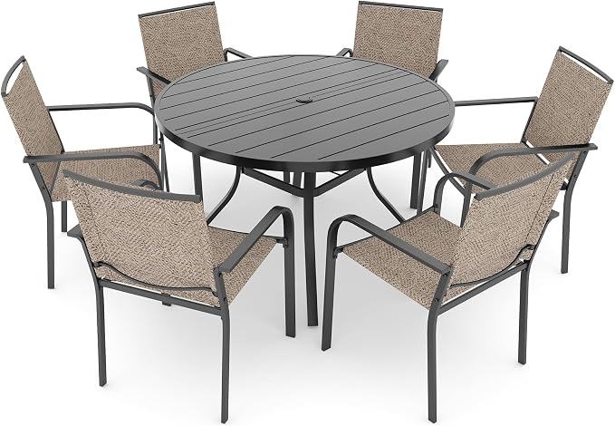 Anmutig 7 Piece Patio Dining Set 48 Inch Round Table Stackable Chairs Beige | Powder-Coated Steel Frame, Quick-Dry Textilene Mesh, Dual-Size Umbrella Hole, Weather Resistant, Patio, Garden, Backyard