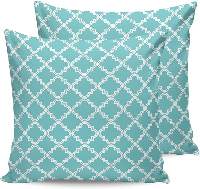 Outdoor Waterproof Pillow Covers for Patio Moroccan Pattern Decorative Throw Pillow Cover Geometric Trellis Cyan Blue Pillowcases Set of 2 Cushion Case for Sofa Couch Chair Home Decor 26x26 inch