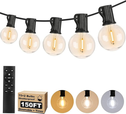 150FT LED Outdoor String Lights with Dimmable 3 Color Lights with Remote | String Light for Outside, G40 Globe Waterproof Patio Lights with 75+2 Shatterproof Bulbs for Party Backyard BBQ House Camping