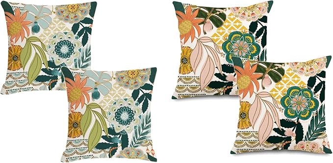 Boho Flowers Outdoor Pillow Covers Waterproof 18x18 Decorative Tropical Floral Patio Pillow for Porch Furniture