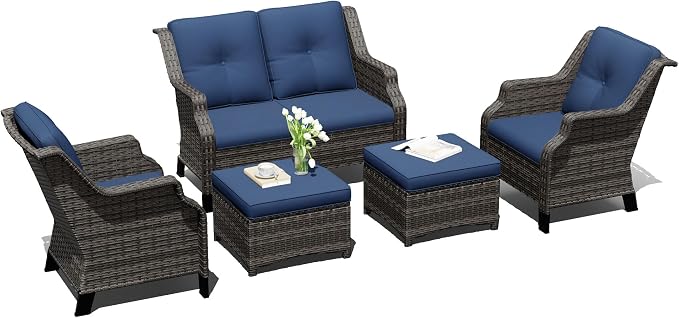 Outdoor Patio Furniture Set, 5 Piece Wicker Patio Furniture with Thick Cushions, Curved Armrest, Deep Seating, Rattan Outdoor Chairs for Porch, Deck, Balcony