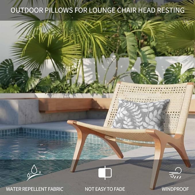 Outdoor Lumbar Pillow Set of 1, Gray Leaves Waterproof Beach Headrest Pillow with Inserts, Farmhouse Botanical Leaf Branch Vintage Modern Recliner Throw Pillows for Patio Furniture, 12 x 20