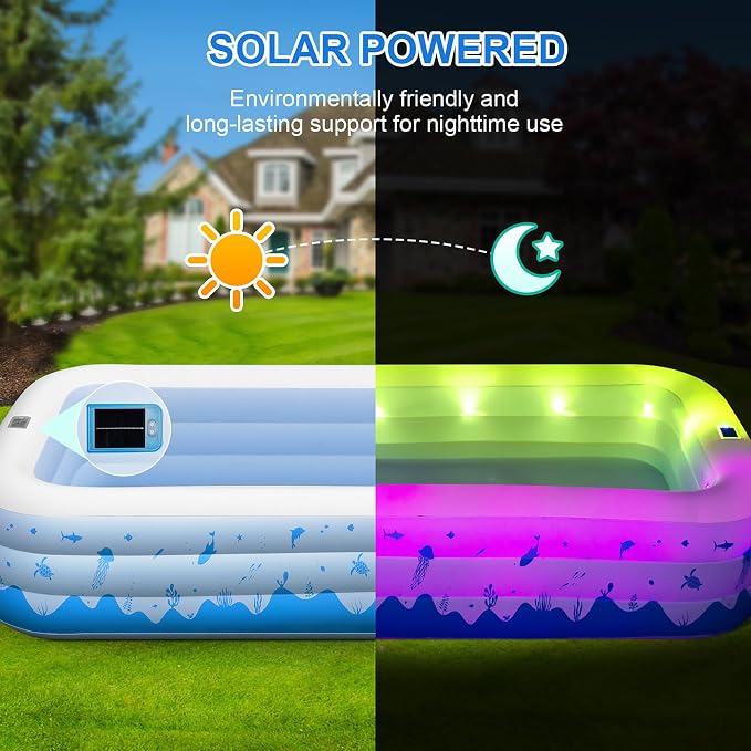 Large Inflatable Pool with Lights, 145" X 74" X 22" Family Inflatable Swimming Pools for Adults, Blow Up Pool Solar Powered, Inflatable PooI for Backyard (Air Pump Not Included)