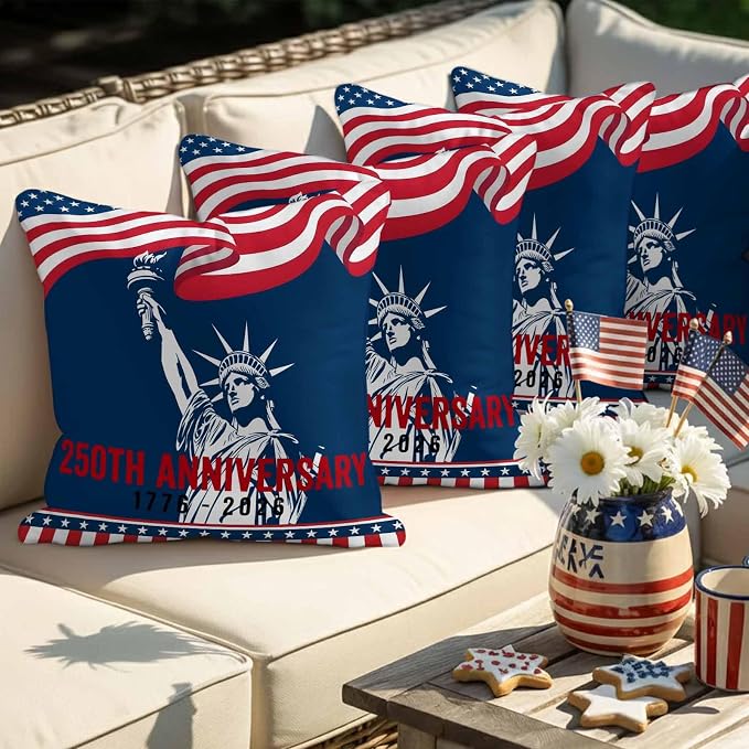 250th Anniversary Outdoor Pillow Covers 18"x18" Set of 2, Statue of Liberty Independence Day Waterproof Throw Pillow Covers for Patio Furniture, Decorative Cushion Covers for Porch