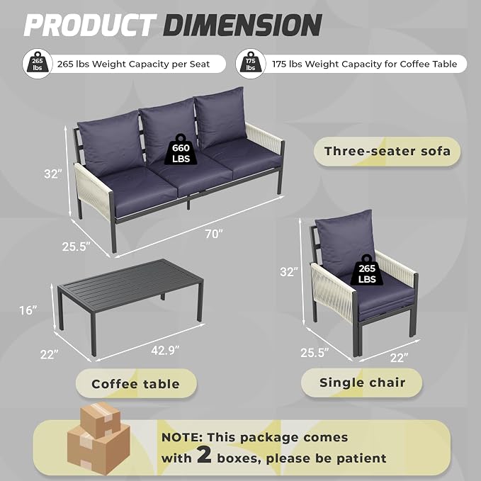 AECOJOY Aluminum Patio Sectional Sofa Set 5-Seat Dark Blue | Outdoor Furniture, Coffee Table Included, Porch & Deck Use, Conversation Set