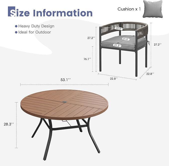 VICLLAX Patio Dining Set, 53.1" Walnut Table & 6 Chairs with Grey Cushion | Outdoor Table and Chairs Set of Round Metal Patio Table, Outdoor Dining Chairs with Metal Frame, Garden Deck Porch