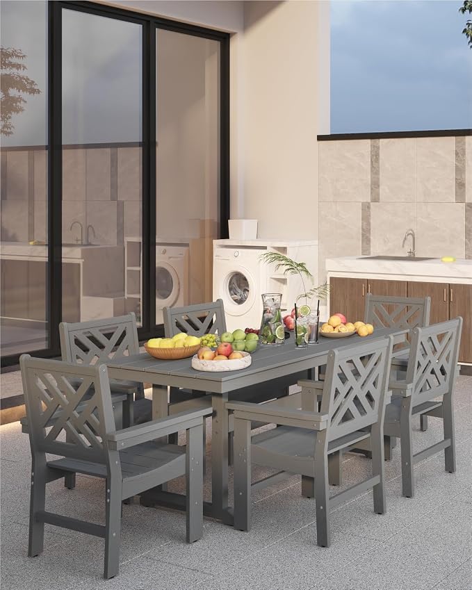 HDPE Outdoor Dining Set for 6,Patio Dining Set with Umbrella Hole,Weather Safe Outdoor Table and Chairs for Garden, Backyard, Poolside Gray