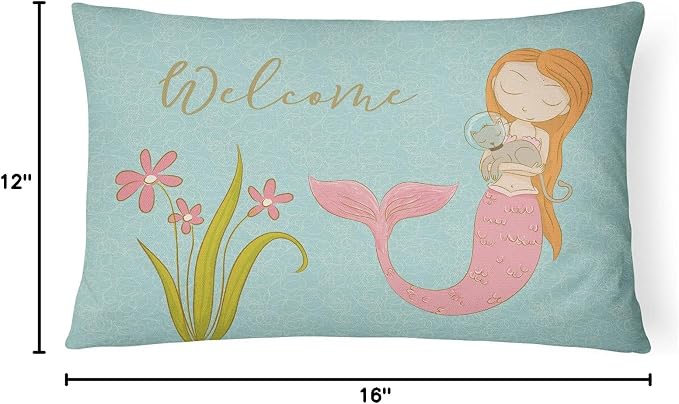 Caroline's Treasures BB8548PW1216 Mermaid with Cat Welcome Canvas Fabric Decorative Pillow Machine Washable, Indoor Outdoor Decorative Pillow for Couch, Bed or Patio, 12HX16W