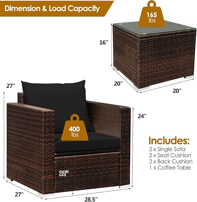 Patio Conversation Set Outdoor, 3-Piece Rattan Wicker Furniture Set with Water-Resistant Cushion & Tempered Glass Tabletop, Patio Furniture Set for Balcony, Porch, Poolside (Black)