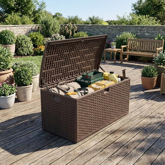 73 Gallon Waterproof Large Resin Deck Box Indoor Outdoor, Lockable Storage Container for Patio Furniture Cushions, Throw Pillows, Garden Tools, and Pool Floats, Brown