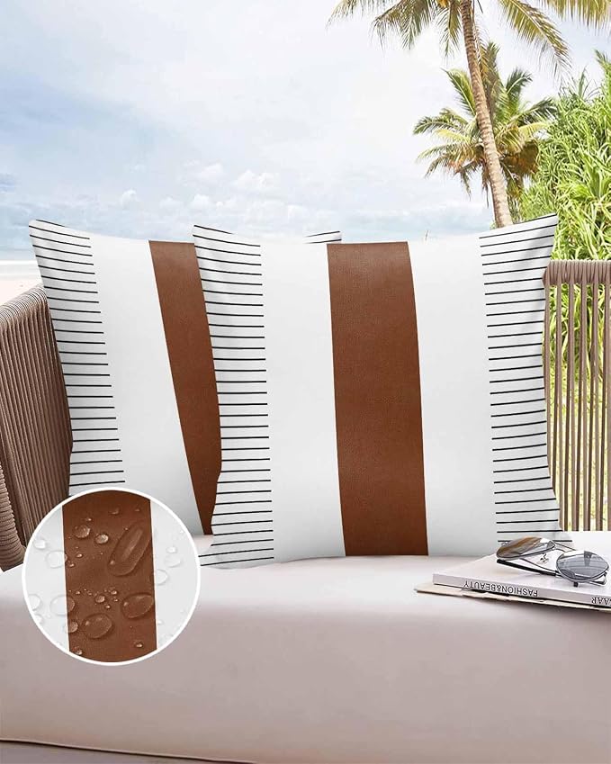 Outdoor Waterproof Throw Pillow Covers 24x24in, Modern Farmhouse Boho Cushions for Garden Patio Furniture Chairs Set of 2, White Brown Striped Home Decor Couch Sofa Polyester Pillow Cases
