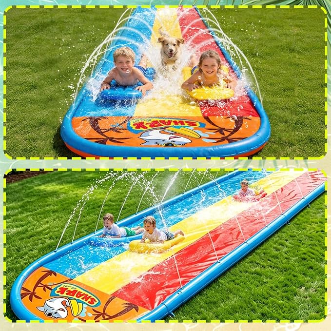 23FT Triple Water Slide with 3 Inflatable Bodyboards, Lawn Slip Splash Slide with Built-in Sprinkler, Backyard Outdoor Summer Water Toy for Kids and Adults