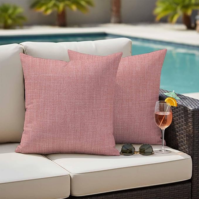 Outdoor Waterproof Throw Pillow Covers Set of 2 Peach Pink Linen Pillowcases 26x26 Inches Farmhouse Pure Color Decorative Pillows Cushion Case Patio Pillows for Couch Bed Chair Garden