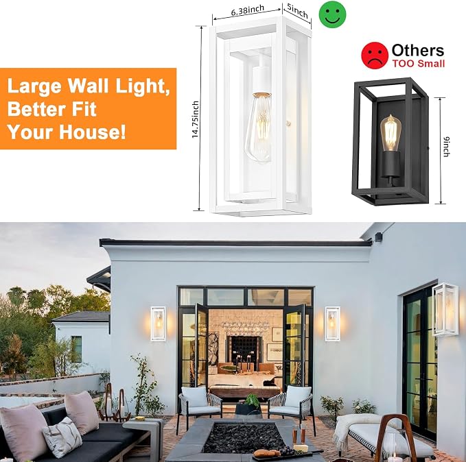 15" Large Outdoor Wall Lights, 2 Pack White Outdoor Light Fixtures, Modern Waterproof Exterior Lighting Sconces with Clear Glass Shade for Front Door, Porch, Garage