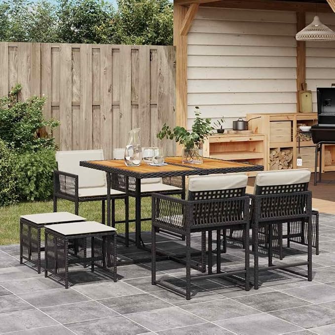 9-Piece Garden Dining Set with Cushions, Black Outdoor Patio Dining Set for 8, Foldable Acacia Wood and Steel Table with Chairs
