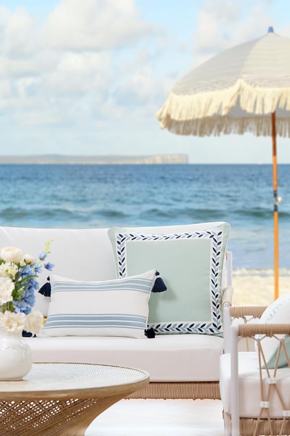 Hofdeco Premium Coastal Patio Indoor Outdoor Throw Pillow Cover Only, 20"x20" Water Repellent for Backyard, Couch, Aqua Embroidered Frame Leafs with Piping
