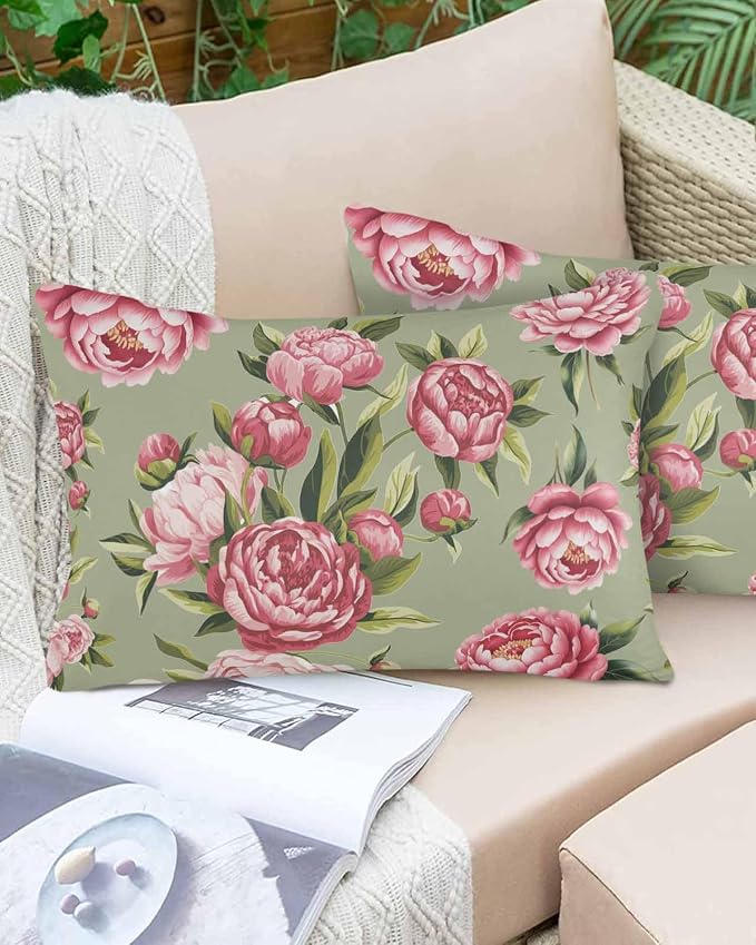 Vandarllin Outdoor Throw Pillows Covers 20x12 inch Set of 2 Waterproof Pink Rose Floral Decorative Zippered Cushion Covers for Patio Furniture, Sage Green Leaves Flowers Lumbar Pillowcases
