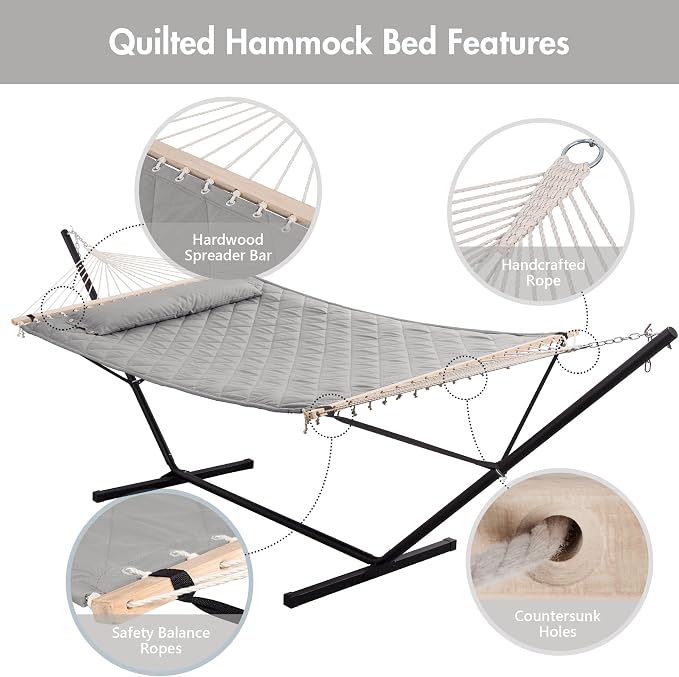 ANOW Double Hammock with Stand 12FT, Heavy Duty Hammocks with Stand for Outdoors, 450 LBS Weight Capacity, Light Gray
