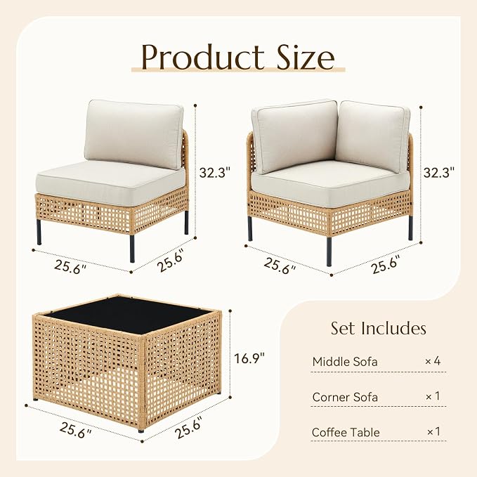 Belord Patio Sectional Furniture Set 6-Piece, Waterproof Outdoor Seating Furniture with Thick Cushions, Wicker Conversation Set for Garden, Poolside