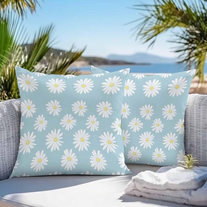 Throw Pillow Covers 20x20 Inch Set of 2, White Teal Daisy Waterproof Outdoor Pillow Covers, Spring Summer Floral Farmhouse Decorative Cushion Pillowcases for Couch, Sofa, Bed, Garden, Patio