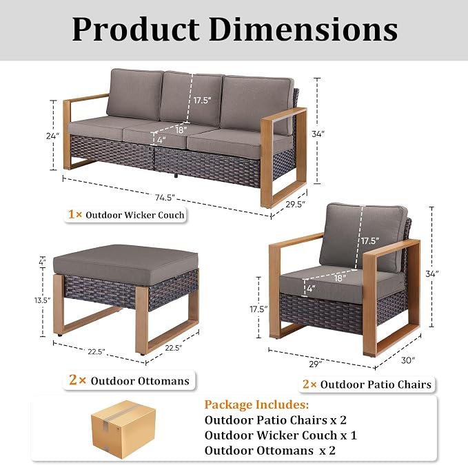 5-Piece Outdoor Patio Furniture Set with Rattan Chairs, All-Weather Wicker Sofa Set for Garden, Yard, Porch and Poolside Seating Grey