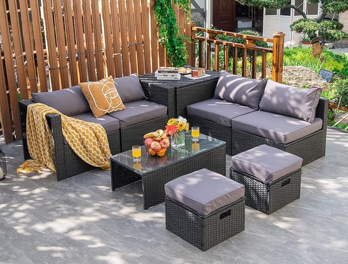 Tangkula 8 Pieces Patio Furniture Set with Waterproof Cover, Patiojoy Space Saving Outdoor PE Rattan Set with Storage Box, Tempered Glass Table, 2 Ottomans, 2 Armless Sofas & Corner Sofas