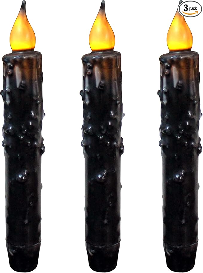 CVHOMEDECO. Real Wax Hand Dipped Battery Operated LED Timer Taper Candles Country Primitive Flameless Lights Décor, 6-3/4 Inch, Matt Black, 3 PCS in a Package