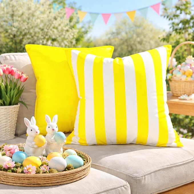Pack of 2 Solid and Stripe 20''x20'' Outdoor Waterproof Bright Yellow Throw Pillow Covers Decorative Square Cushion Patio Pillows for Patio Furniture (Illuminating)