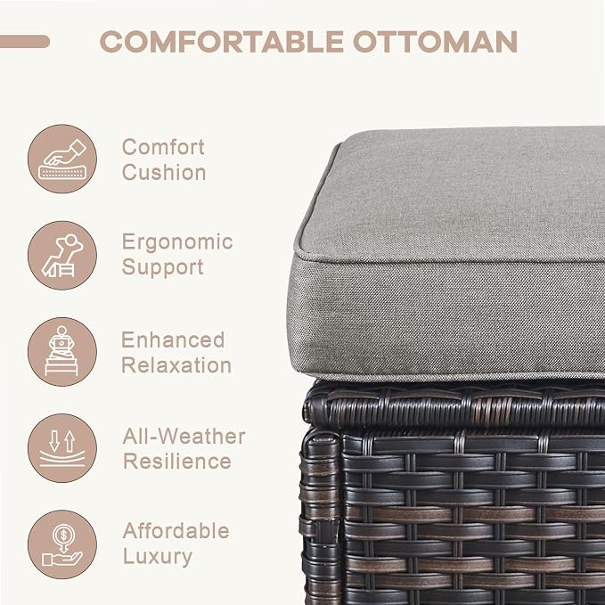 Swivel Patio Chairs sofa Set of 7 with 6" Thick Cushion - Wicker Outdoor Swivel Rocker Patio Chair ,Sofa/Glass coffee table, High Back Comfortable Outdoor Glider Chairs - Brown Wicker | Gery Cushions