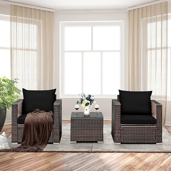 RELAX4LIFE 3-Piece Wicker Bistro Set - Outdoor Patio Rattan Sofa Set w/Washable Cushions & Tempered Glass Coffee Table, Conversation Furniture Set for Backyard, Porch, Garden & Poolside (Black)