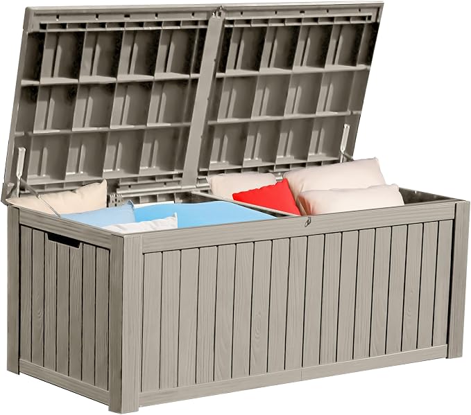 YITAHOME 180 Gallon Large Deck Box w/Divider, XL Waterproof Outdoor Storage for Patio Furniture,Outdoor Cushions, Garden Tools, Sports Equipment and Pool Supplies, Resin, Lockable, Taupe
