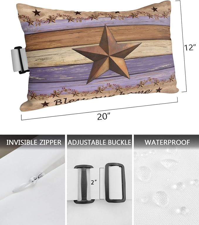 Western Texas Star Vintage Outdoor Pillows for Chaise Lounge Chair Beach Headrest Pillow Set of 2 Lumbar Pillows with Insert&Strap Retro Farmhouse Purple Brown Wooden Neck Pillow for Pool 12"x20"