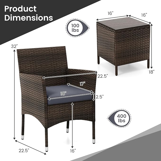 RELAX4LIFE 3-Piece Patio Furniture Set - Rattan Wicker Outdoor Conversation Set w/Cushions & Glass Coffee Table, Balcony Furniture for Porch Garden Backyard, Bistro Table and Chairs Set of 2 (Grey)