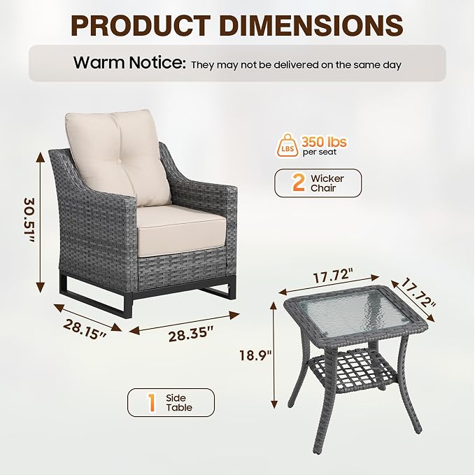 3 Piece Patio Furniture Set,Comfortable Seating Wicker Chairs Set of 2 with Outdoor Side Table, All-Weather Wicker Patio Set with 6 Inch Thick Cushions for Porch Deck Balcony Garden